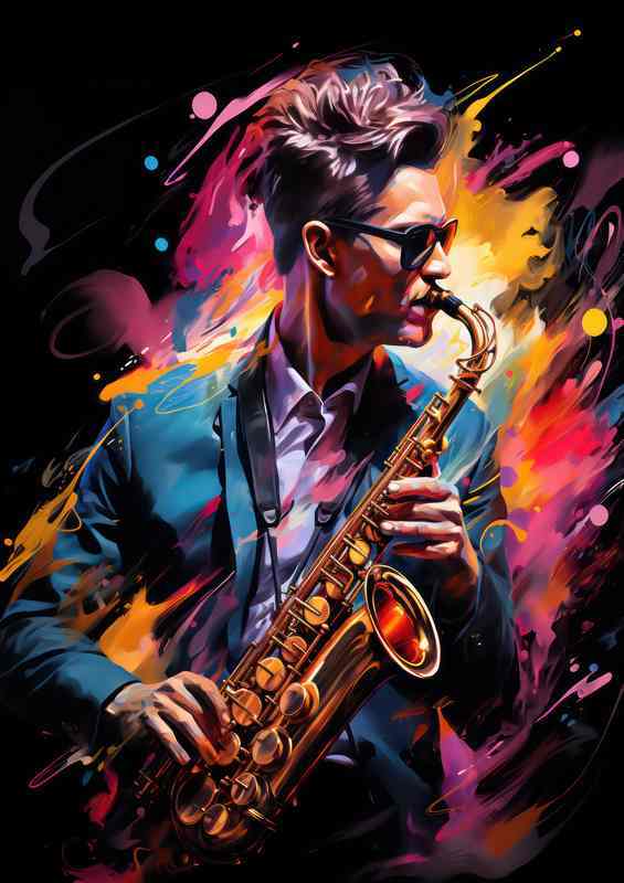 Person playing saxophone along with amazing colours | Metal Poster