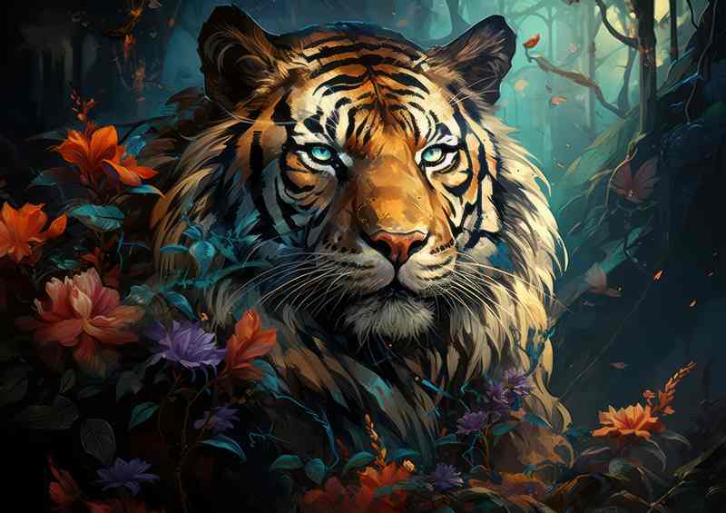 A Painted style Tiger surrounded by colourful flowers | Metal Poster