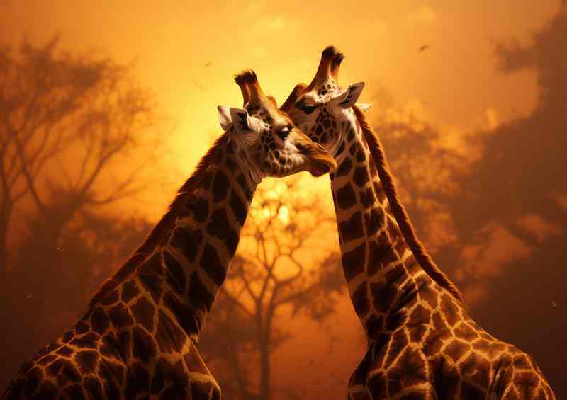 Giraffes in African Sunset | Metal Poster