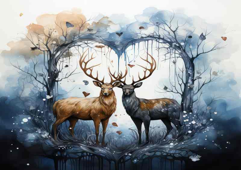 A Pair Of Stag Deers in the love tree | Metal Poster