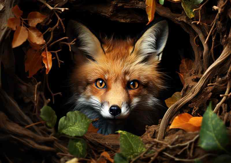 A fox inside the hole in the woodlands | Metal Poster
