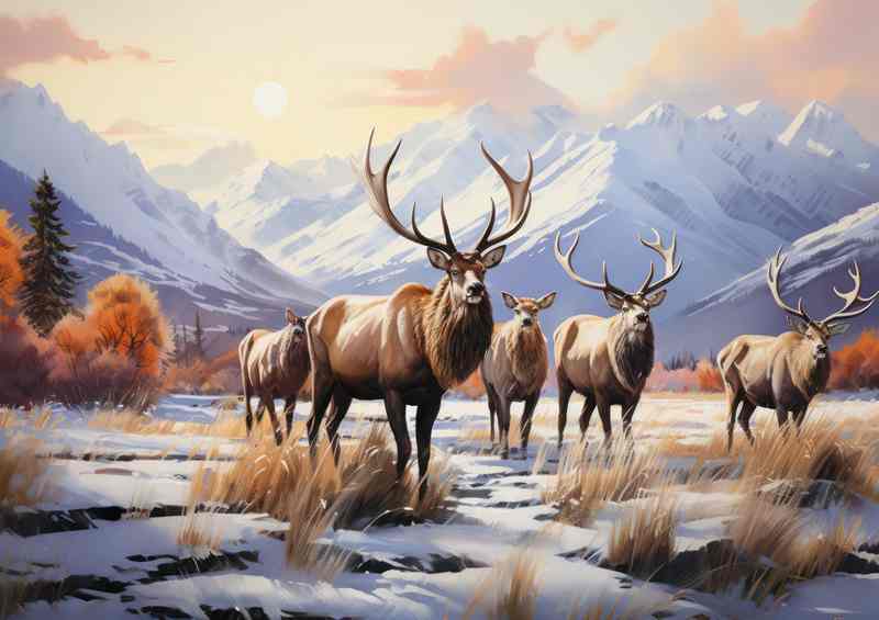 A group of elk standing near a snowy mountain scene | Metal Poster
