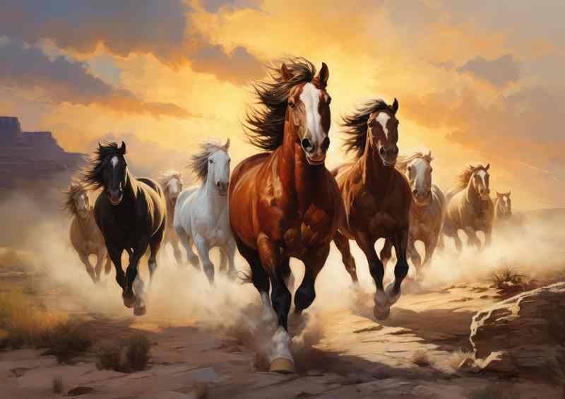 A group of horses running across hte palnes | Metal Poster