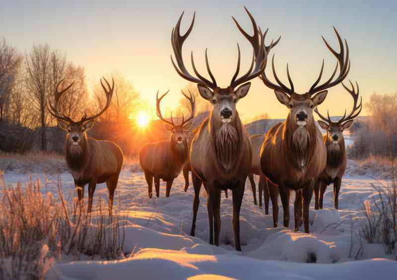 A hurd Of Elk Standing In the snow | Metal Poster