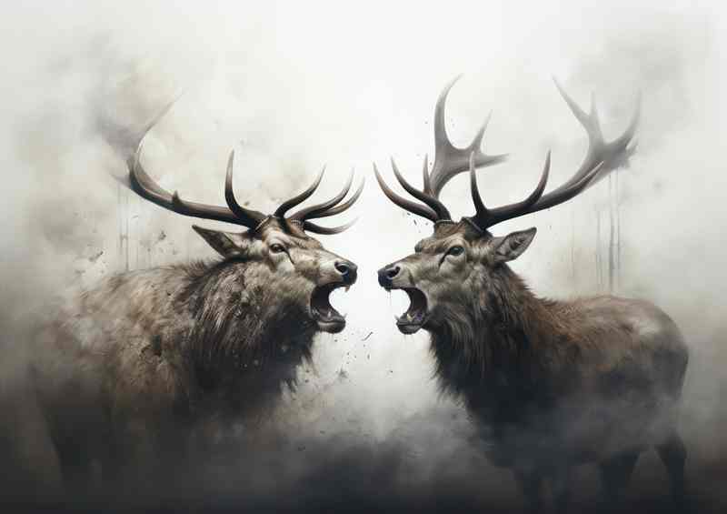 A pair Of Elks Squaring Up in the morning mist | Metal Poster