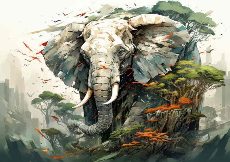 An Elephant on a mountain scene with forest trees | Metal Poster