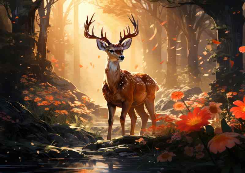 Day light shining through the forest with a deer | Metal Poster