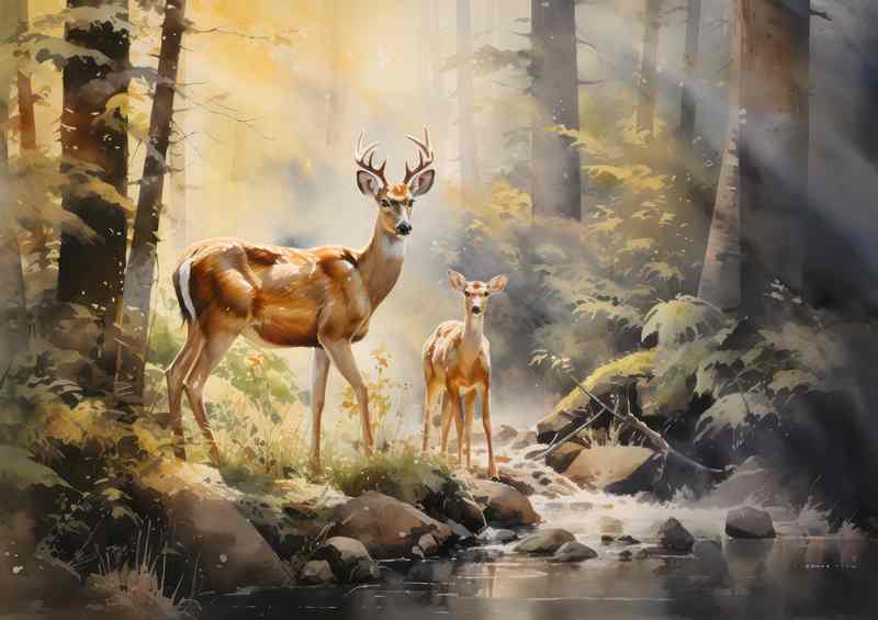 Deer And Baby in The Forest In The Sun | Metal Poster
