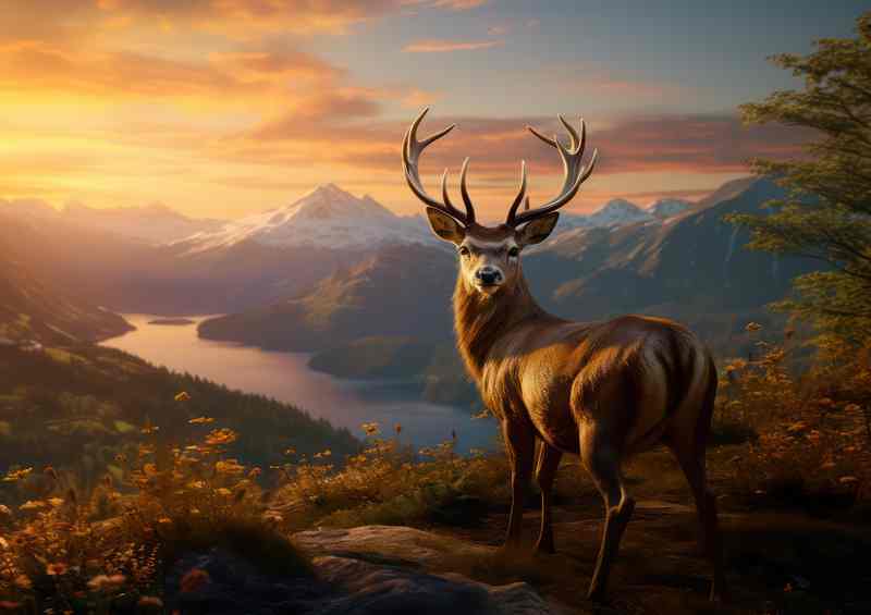 Deer By the river on a mountain top | Metal Poster
