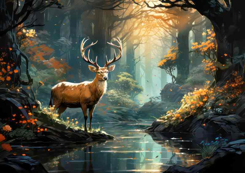 Deer in the forest by the stream | Metal Poster