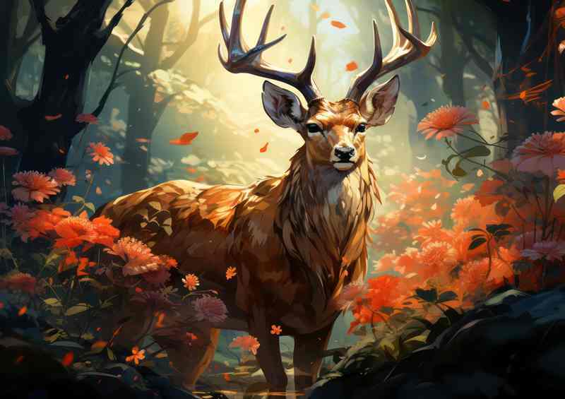 Deer in the forest looking through the flowers | Metal Poster