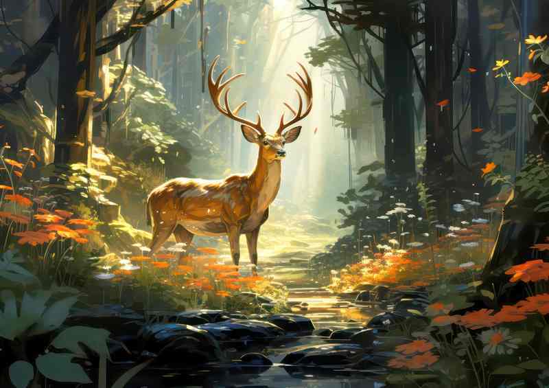 Deer in the woodland by the stream | Metal Poster
