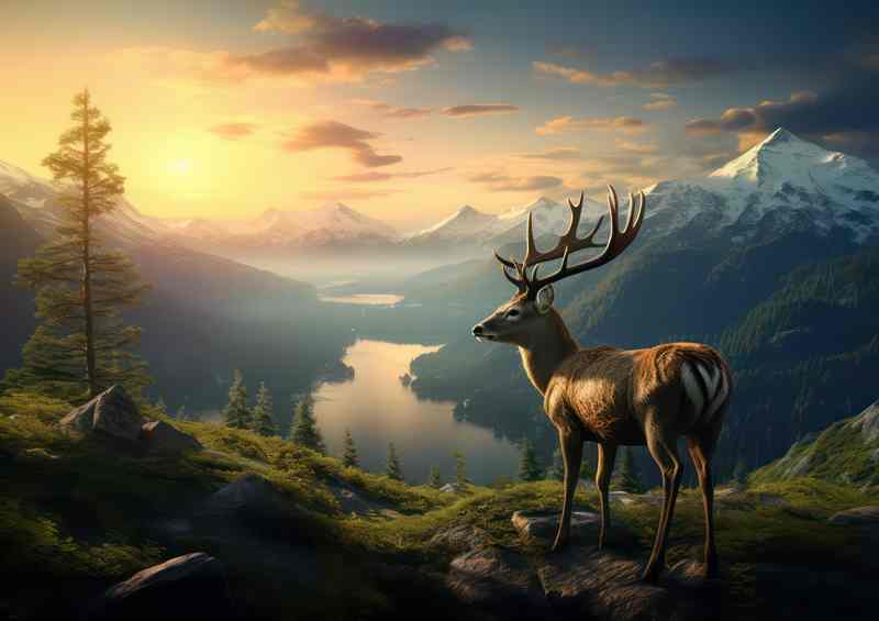 Deer Overlooking Mountain Tops | Metal Poster