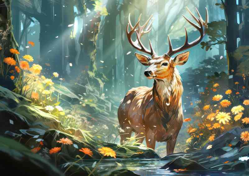 Deer walking in the stream in the woodland | Metal Poster