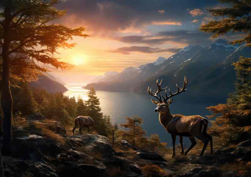 Deer with the sunsert in the background | Metal Poster