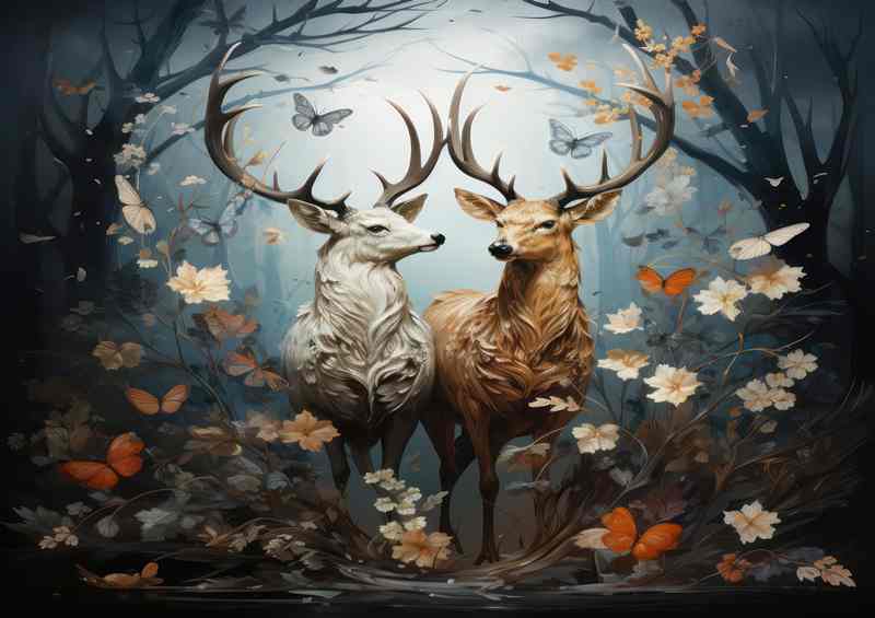 Deers surrounded by butterflys and flowers art style | Metal Poster