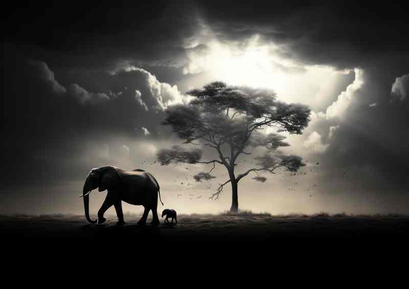 Elephant & Baby Savanna Metal Poster at Lonely Tree