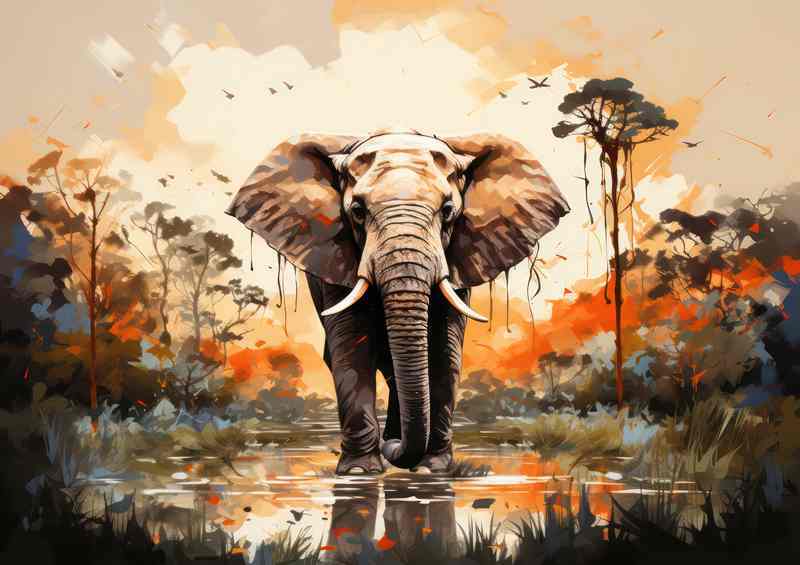 Elephant with reflections in the water stream | Metal Poster
