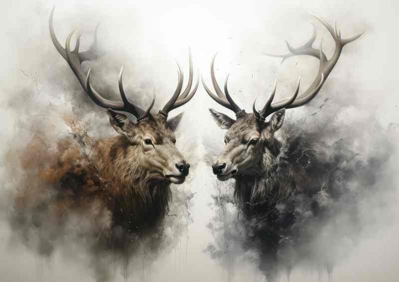 Elks In the morining mist watercolour style art | Metal Poster