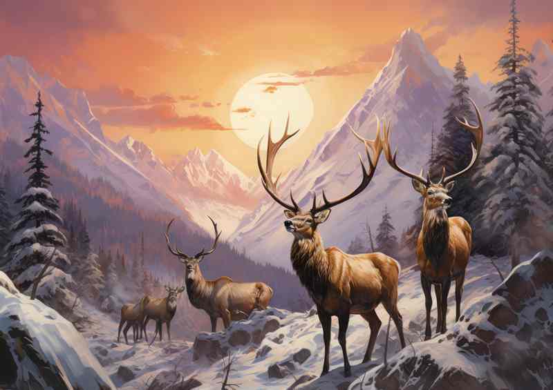 Elks an the mountain tops with a setting sun | Metal Poster