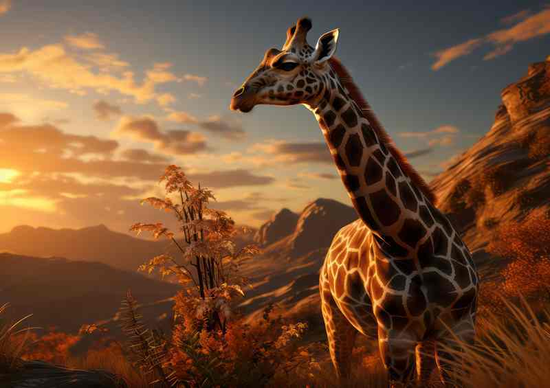 Giraffe in the evening beside the mountains | Metal Poster