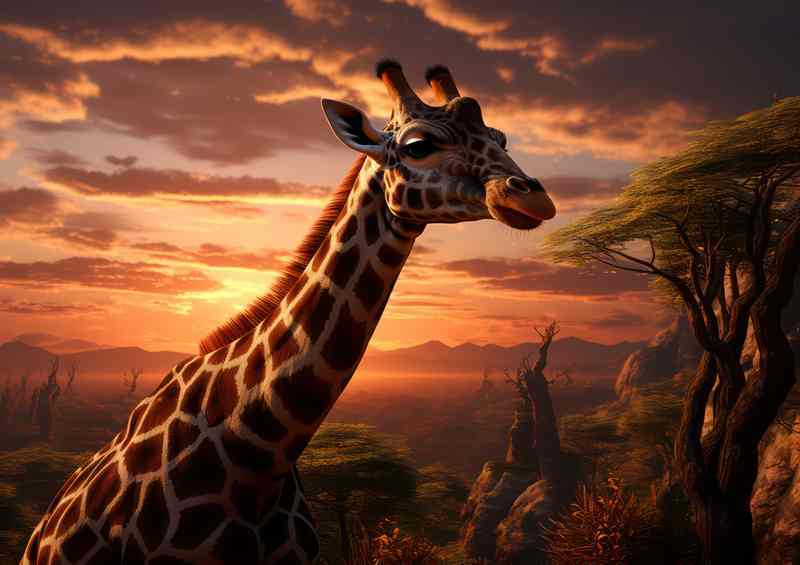 Giraffe in the savanna at sunset time | Metal Poster