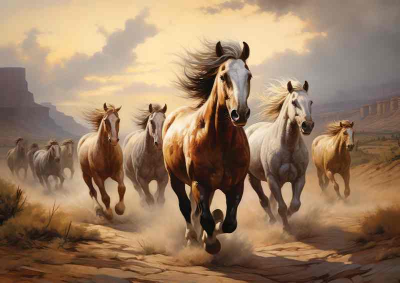 Horses running through the fiels kicking up the dirt | Metal Poster