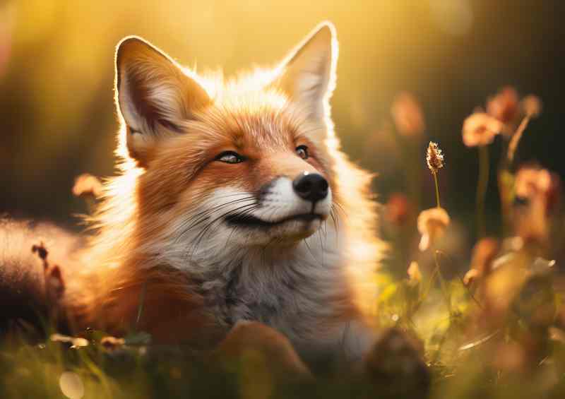 Laying down in the grass a fox enjoying the morning sun | Metal Poster