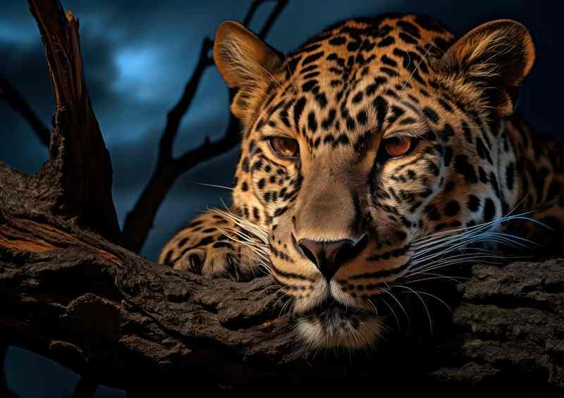 Leopard head resting on a wood branch striking eyes | Metal Poster