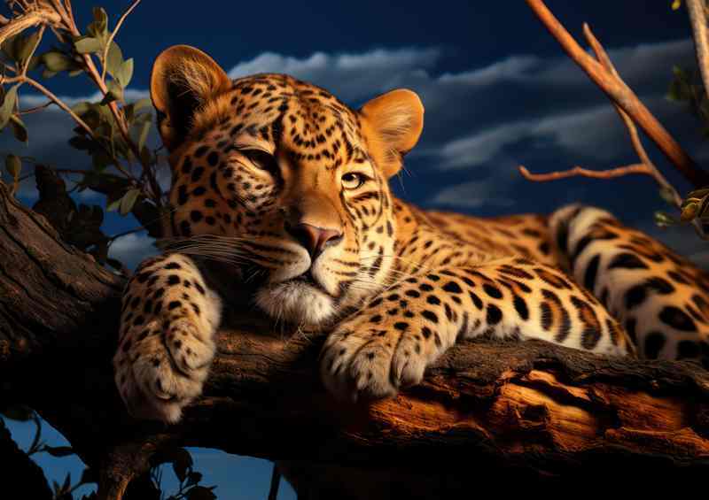 Leopard lying on a branch up in the tree resting | Metal Poster