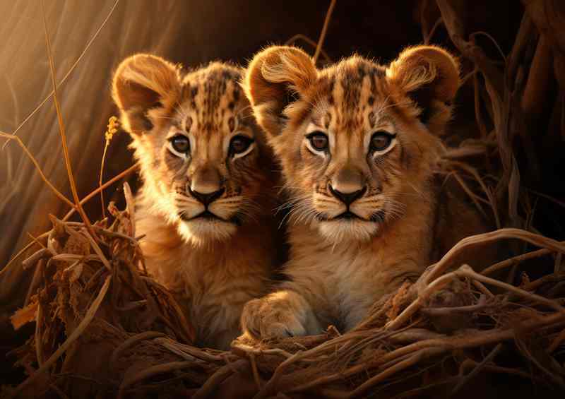 Lion cubs with a ray of sunlight shining through | Metal Poster