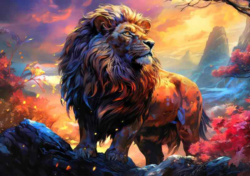 Lion on top of the rocks in the mountains | Metal Poster