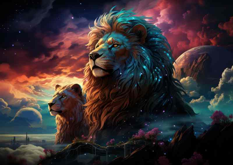 Lions and Lioness with the moon and night sky | Metal Poster