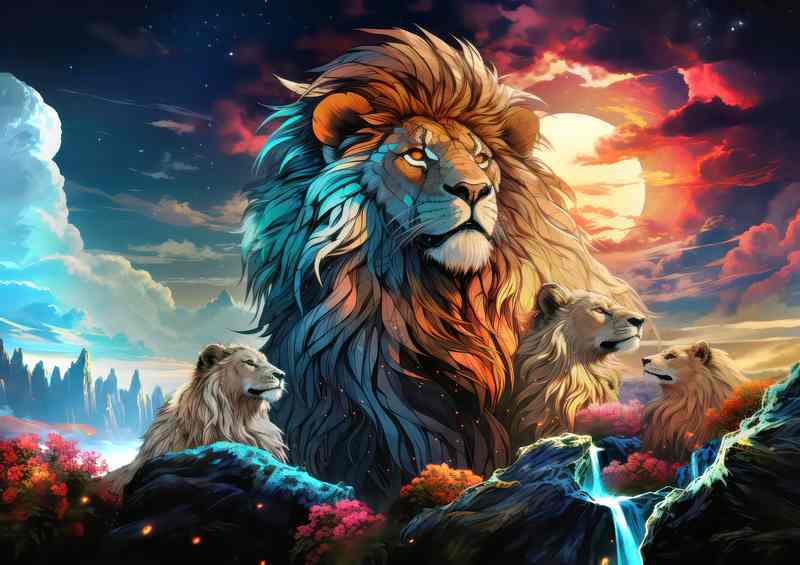 Lions looking at the night sky | Metal Poster