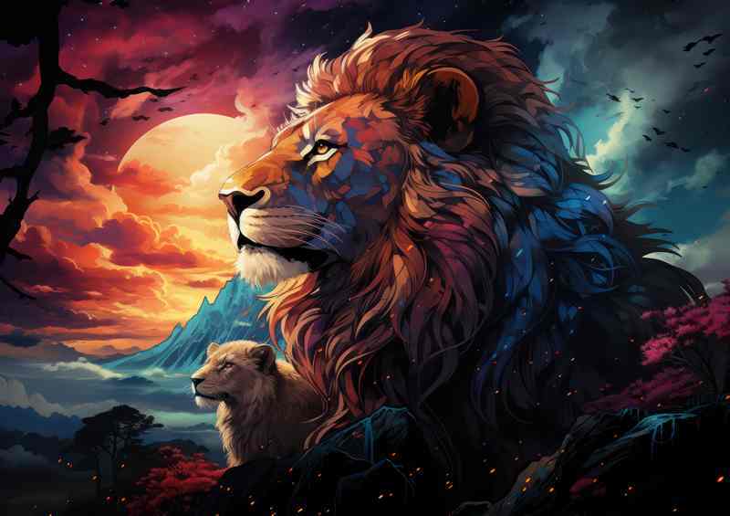 Lions with the setting sun and amazing skyline | Metal Poster