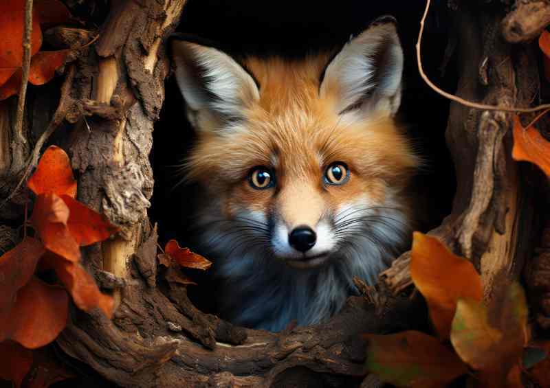 Little fox in its hole the the autumn | Metal Poster