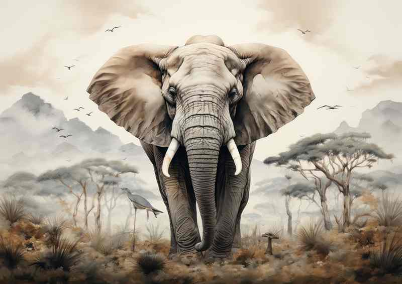 AfrElephantTreeMetalPoster | Mountains & Elephants in Africa