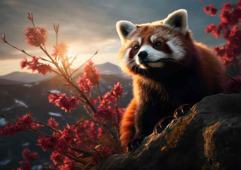 Red Panda In the wilderness with the setting sun | Metal Poster