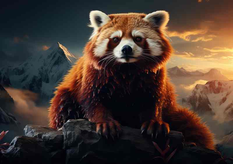Red panda on the top of the mountain rocks | Metal Poster
