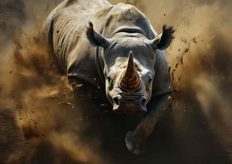 Rhino on a charge kicking up the dirt | Metal Poster