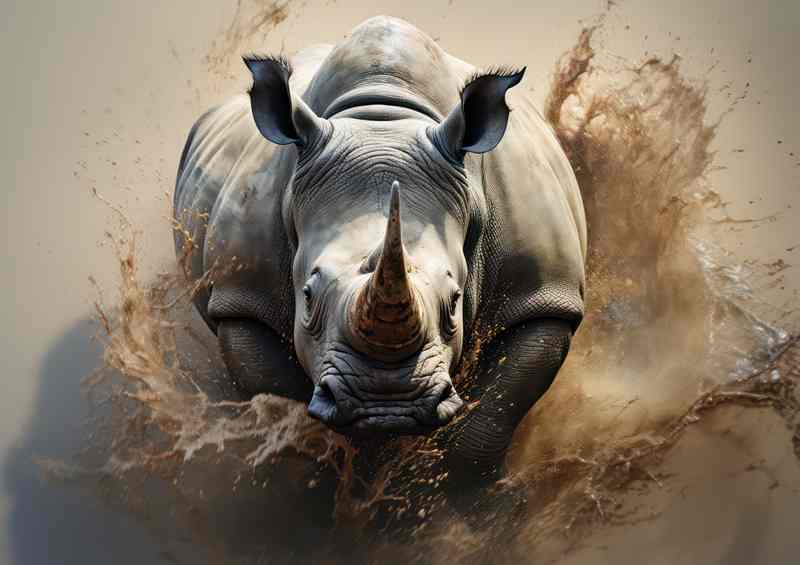 Rhino on the run in the mist of all the dirt | Metal Poster