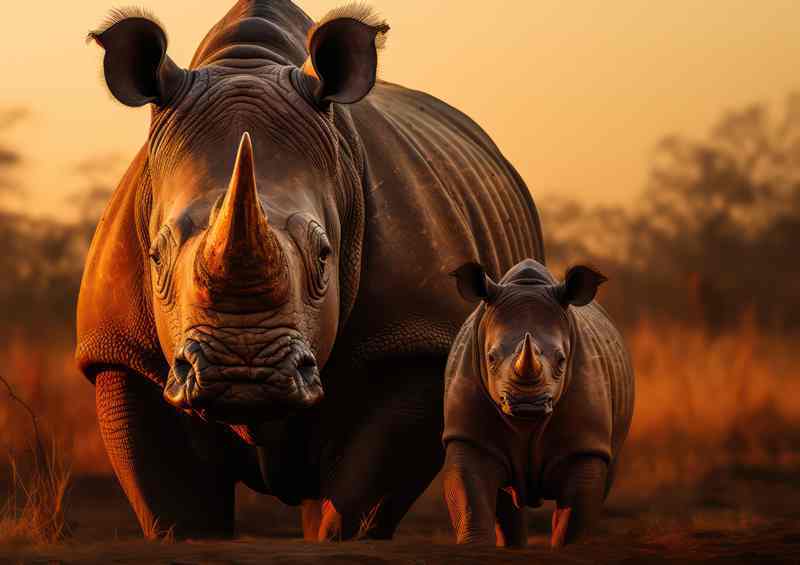 Rhino with her calf in the african savanna | Metal Poster