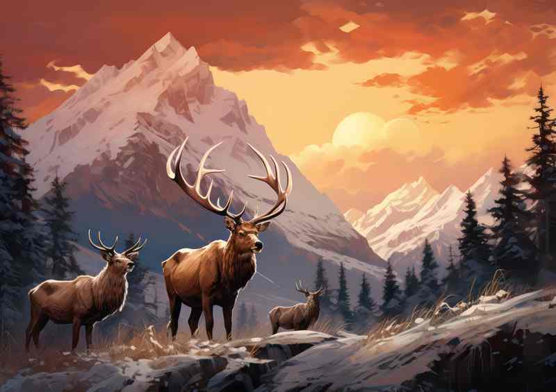 The Snowt mountains with the Elk walking | Metal Poster