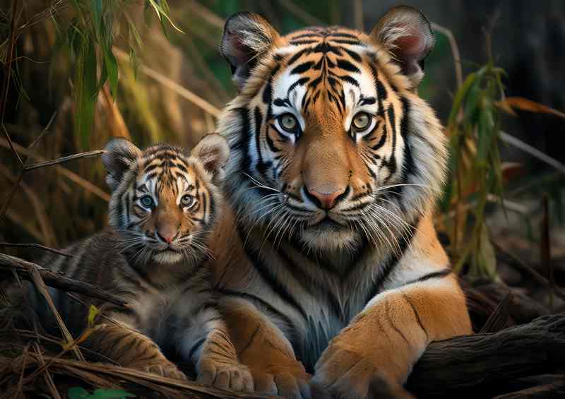 Tiger and her cub resting by the river bank | Metal Poster