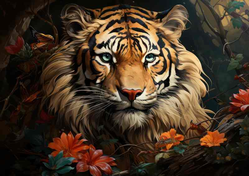 Tiger in the jungle surrounded by flowers | Metal Poster