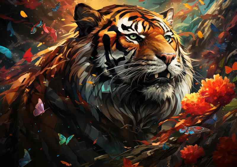 Tiger surrounded by birds and flowers | Metal Poster