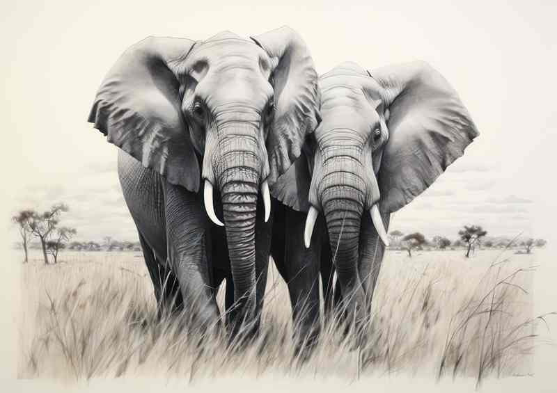 African Safari Metal Poster: 2 Elephants in B&W