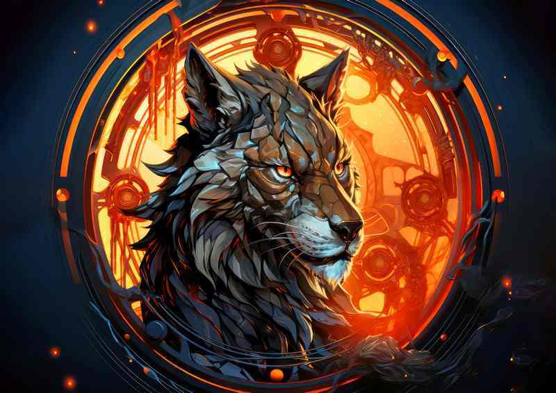 Wolf surrounded by fire in a frame fantasy | Metal Poster