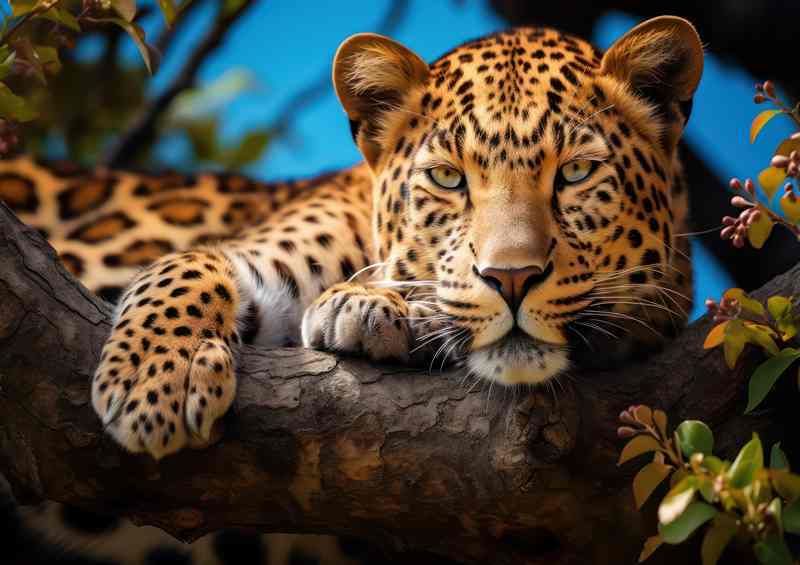 lazy Leopard lying on a branch of a tree | Metal Poster
