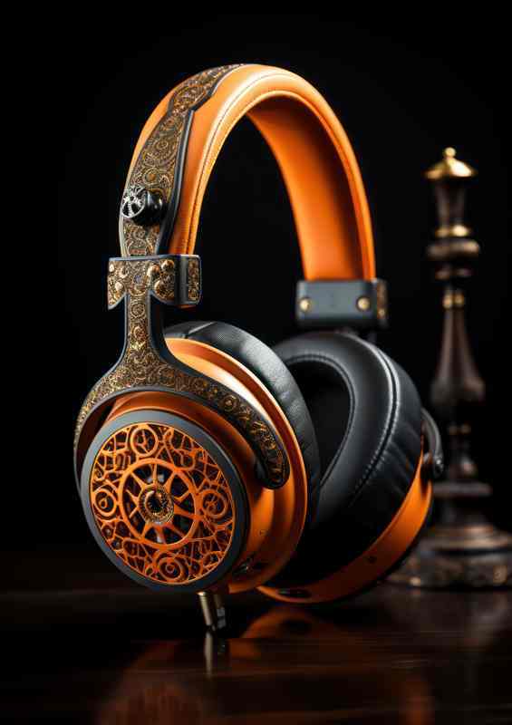 The headphones are placed on a wooden surface | Metal Poster